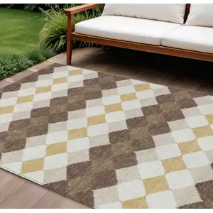 Photo of Brown Beige And Ivory Geometric Washable Indoor Outdoor Area Rug