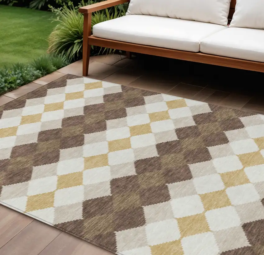 Brown Beige And Ivory Geometric Washable Indoor Outdoor Area Rug Photo 1