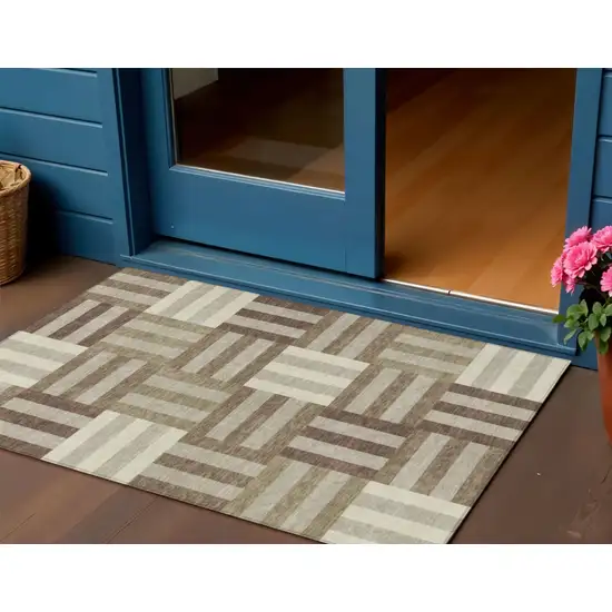 Brown Beige And Ivory Geometric Washable Indoor Outdoor Area Rug Photo 1