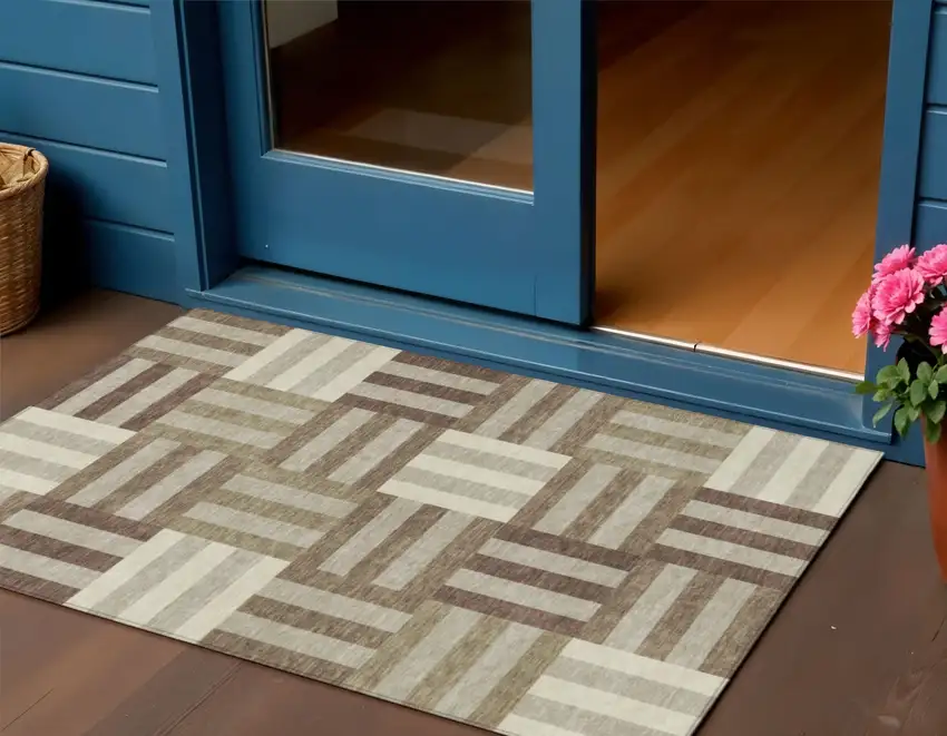 Brown Beige And Ivory Geometric Washable Indoor Outdoor Area Rug Photo 1