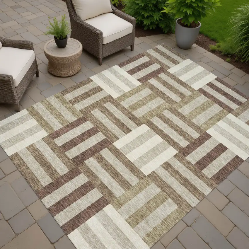 Brown Beige And Ivory Geometric Washable Indoor Outdoor Area Rug Photo 7
