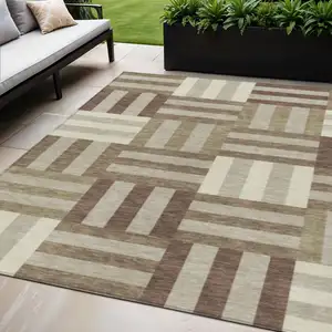 Photo of Brown Beige And Ivory Geometric Washable Indoor Outdoor Area Rug