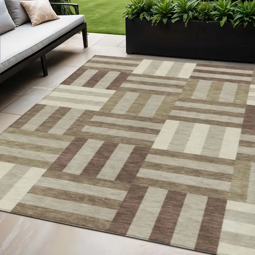 Brown Beige And Ivory Geometric Washable Indoor Outdoor Area Rug Photo 1