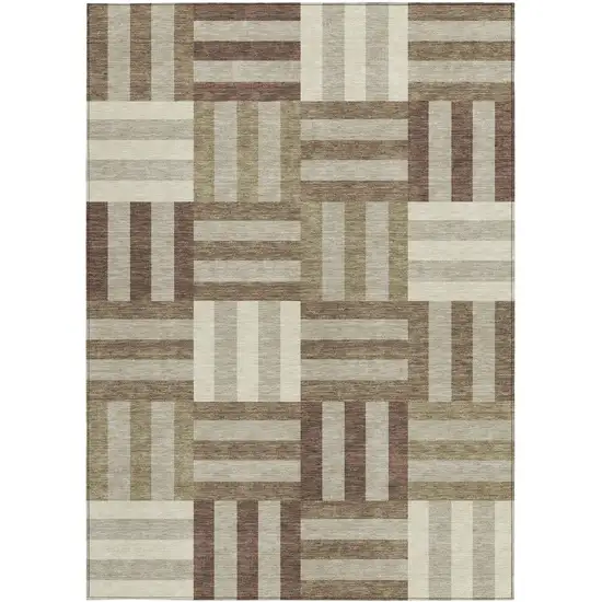 Brown Beige And Ivory Geometric Washable Indoor Outdoor Area Rug Photo 4