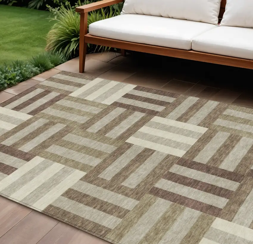 Brown Beige And Ivory Geometric Washable Indoor Outdoor Area Rug Photo 1