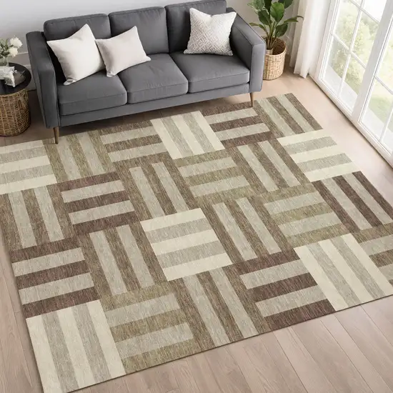 Brown Beige And Ivory Geometric Washable Indoor Outdoor Area Rug Photo 8