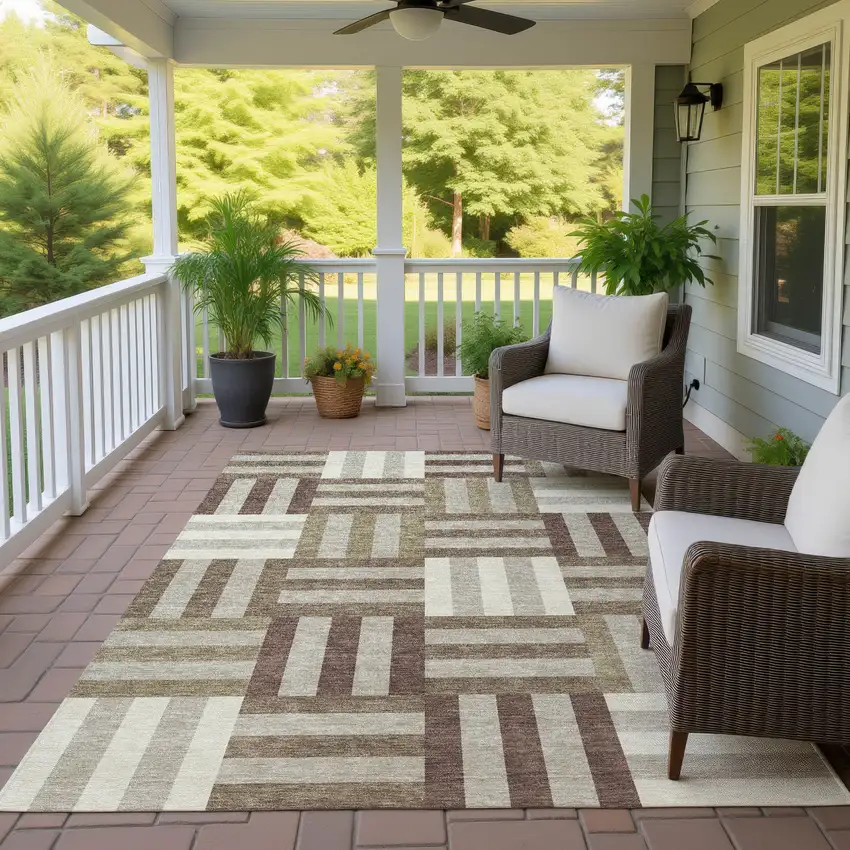 Brown Beige And Ivory Geometric Washable Indoor Outdoor Area Rug Photo 9