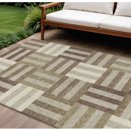 Brown Beige And Ivory Geometric Washable Indoor Outdoor Area Rug Photo 1