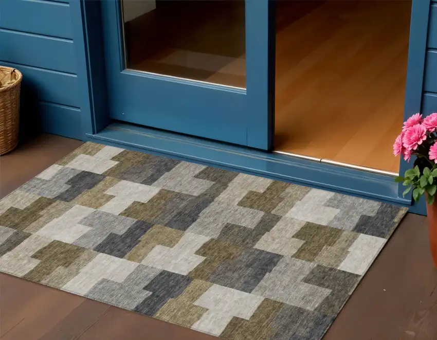 Brown Beige And Ivory Geometric Washable Indoor Outdoor Area Rug Photo 1