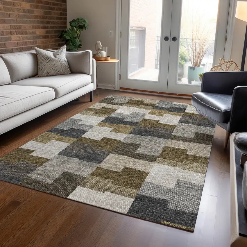Brown Beige And Ivory Geometric Washable Indoor Outdoor Area Rug Photo 7