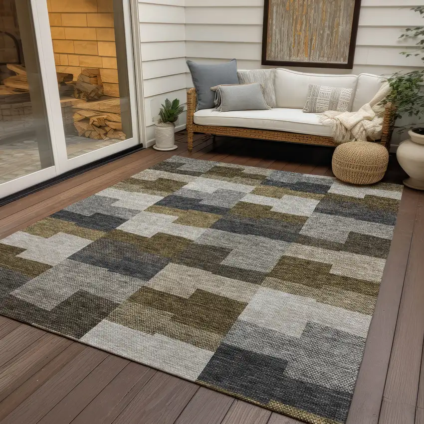Brown Beige And Ivory Geometric Washable Indoor Outdoor Area Rug Photo 8