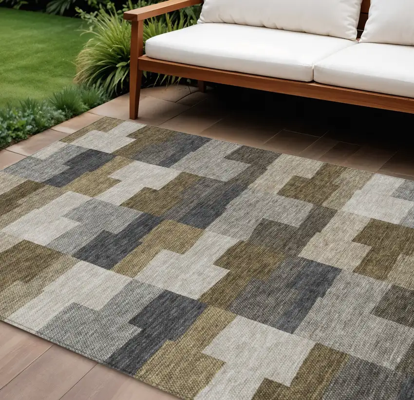 Brown Beige And Ivory Geometric Washable Indoor Outdoor Area Rug Photo 1