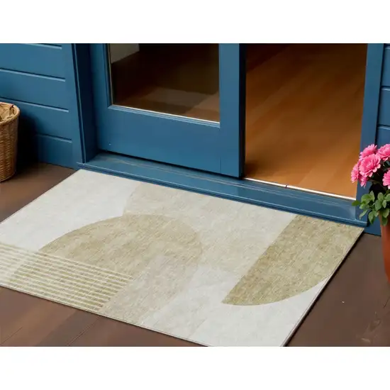 Brown Beige And Ivory Geometric Washable Indoor Outdoor Area Rug Photo 1