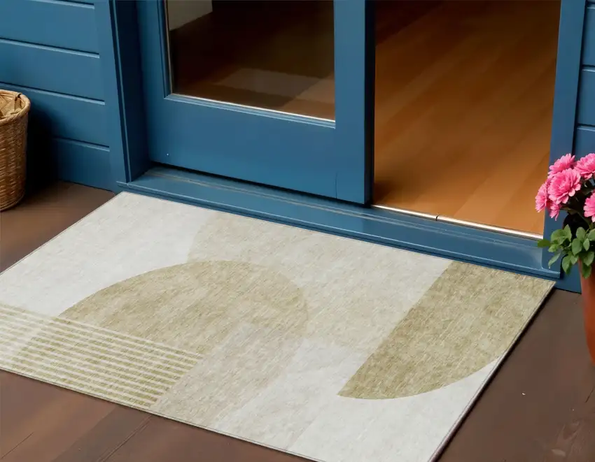 Brown Beige And Ivory Geometric Washable Indoor Outdoor Area Rug Photo 1