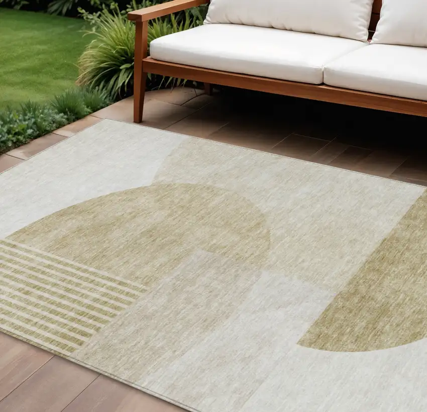 Brown Beige And Ivory Geometric Washable Indoor Outdoor Area Rug Photo 1
