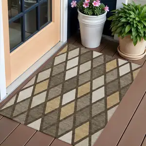 Photo of Brown Beige And Ivory Geometric Washable Indoor Outdoor Area Rug