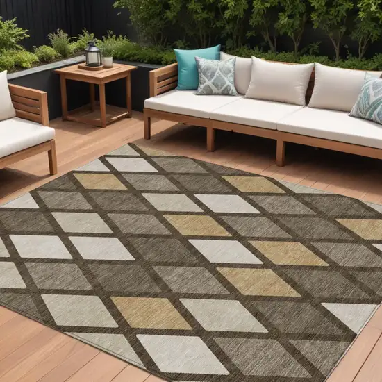 Brown Beige And Ivory Geometric Washable Indoor Outdoor Area Rug Photo 1