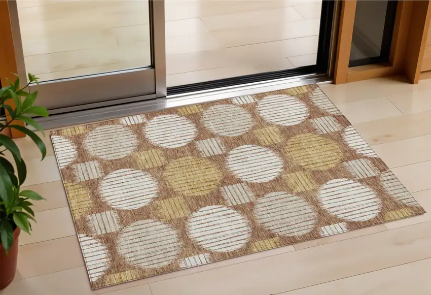 Brown Beige And Ivory Geometric Washable Indoor Outdoor Area Rug Photo 1