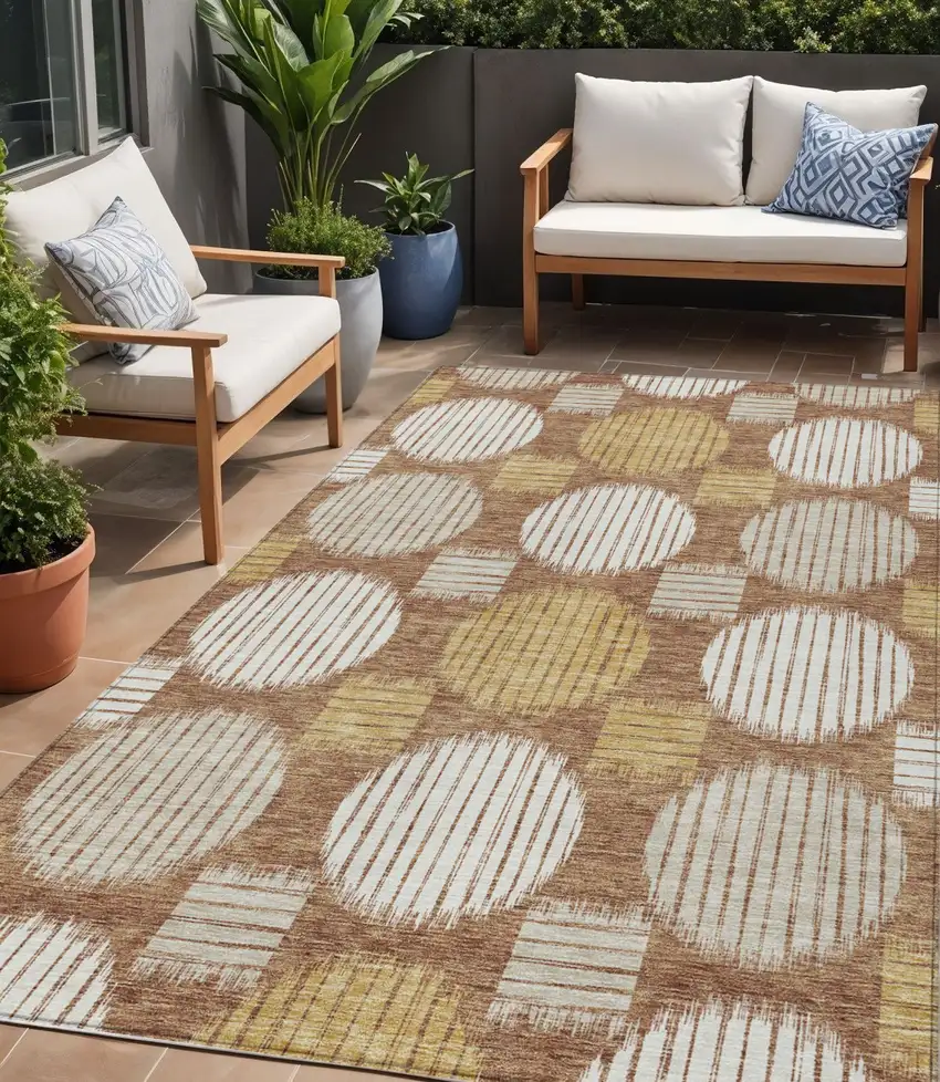 Brown Beige And Ivory Geometric Washable Indoor Outdoor Area Rug Photo 1
