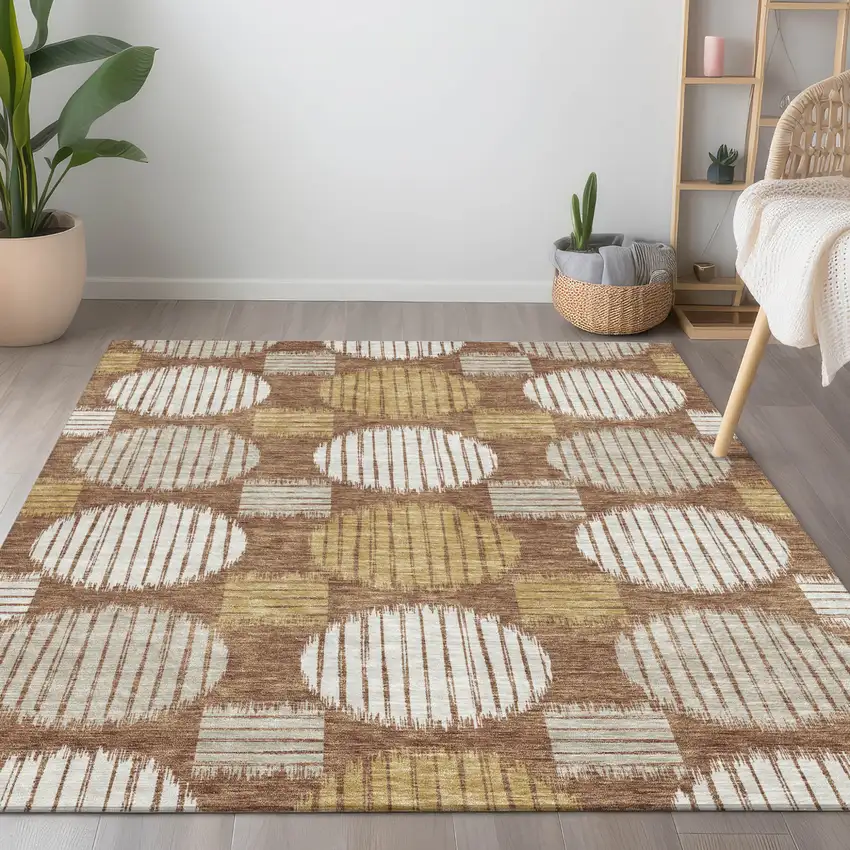 Brown Beige And Ivory Geometric Washable Indoor Outdoor Area Rug Photo 9