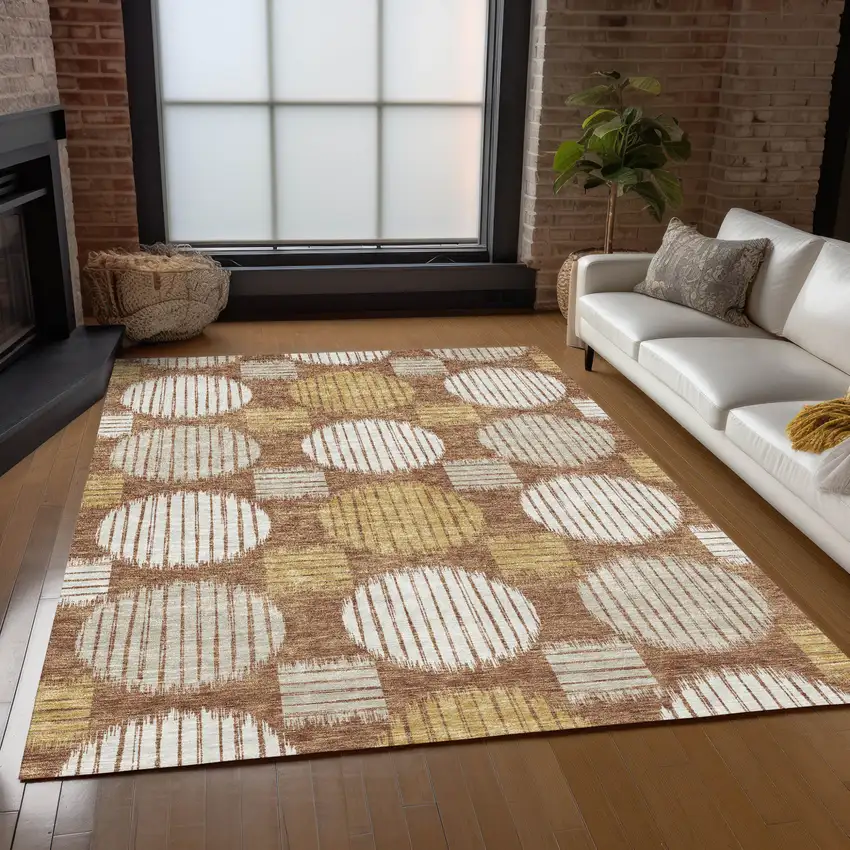 Brown Beige And Ivory Geometric Washable Indoor Outdoor Area Rug Photo 9