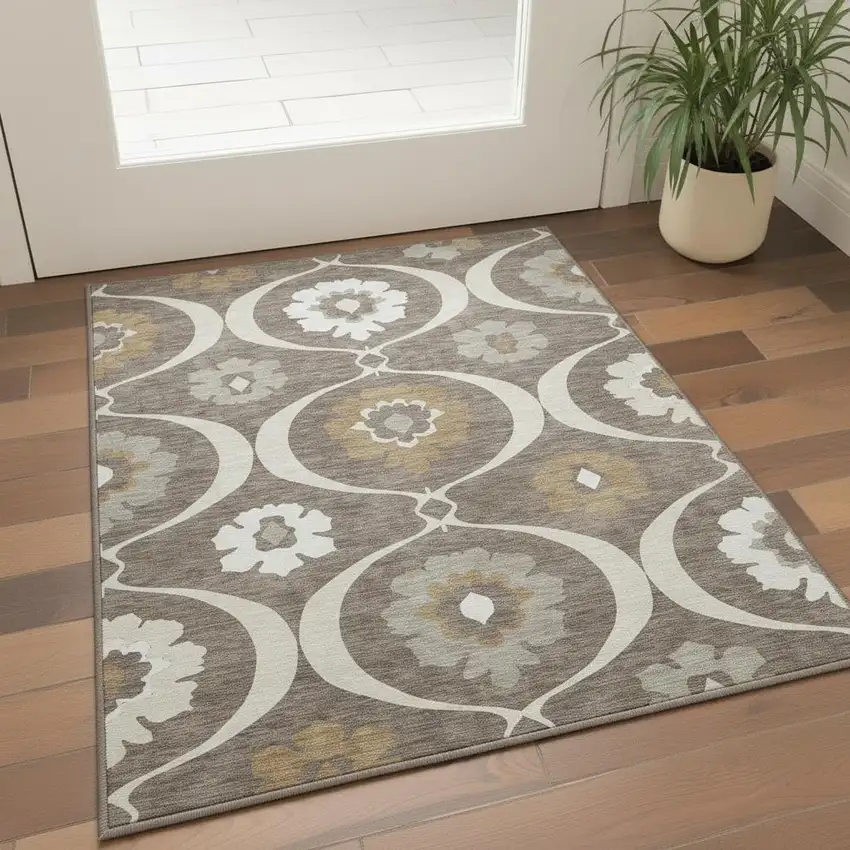 Brown Beige And Ivory Medallion Washable Area Rug With UV Protection Photo 2