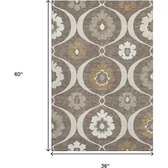 Brown Beige And Ivory Medallion Washable Area Rug With UV Protection Photo 3