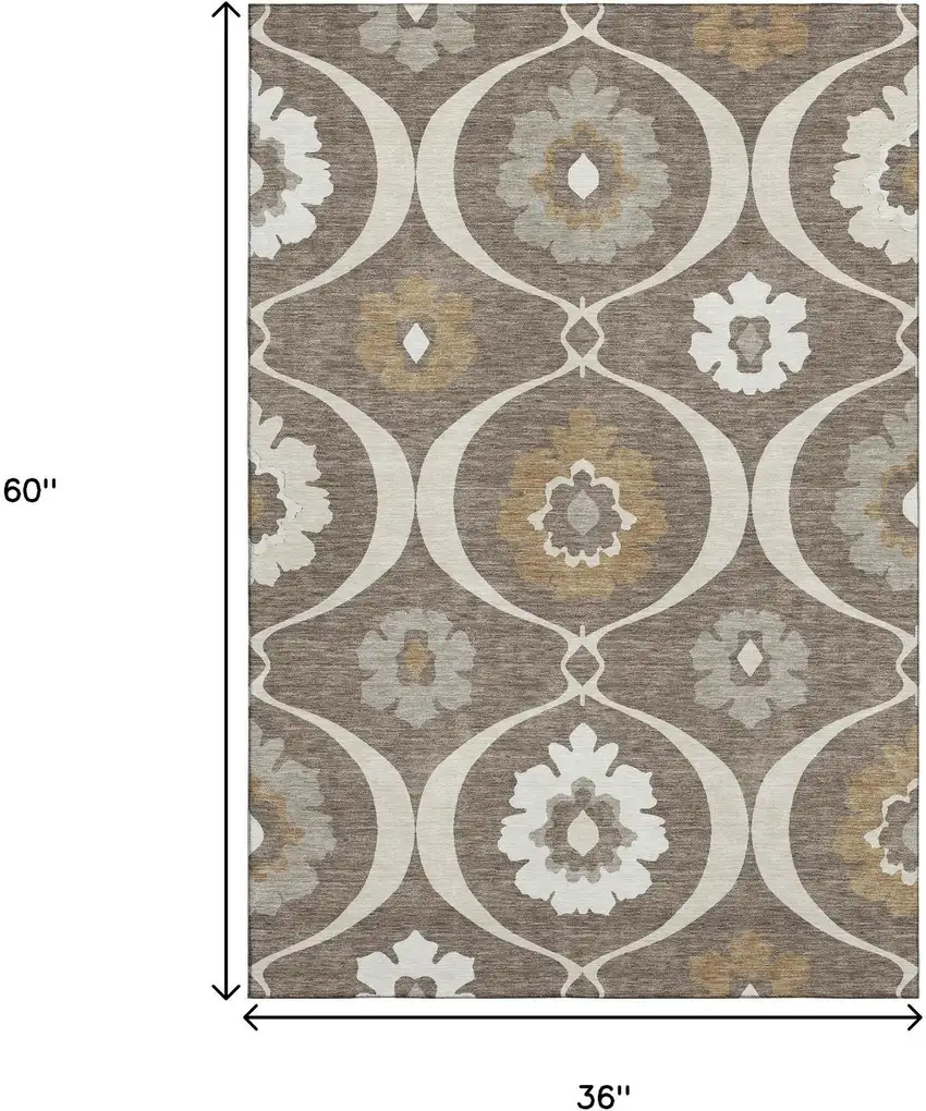 Brown Beige And Ivory Medallion Washable Area Rug With UV Protection Photo 3