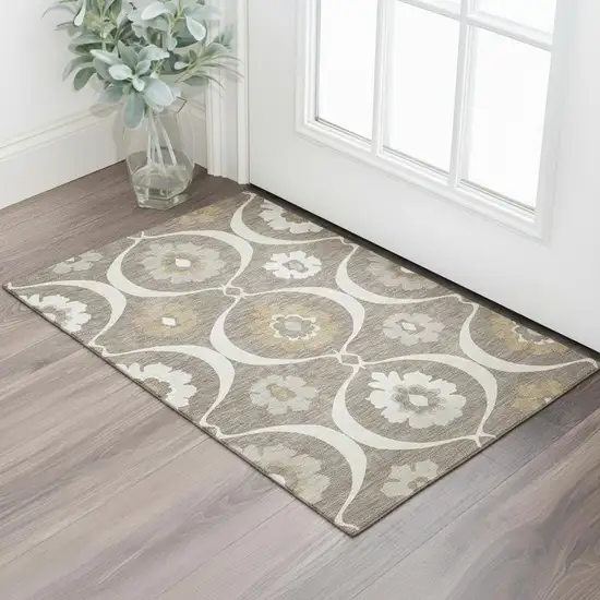 Brown Beige And Ivory Medallion Washable Area Rug With UV Protection Photo 1