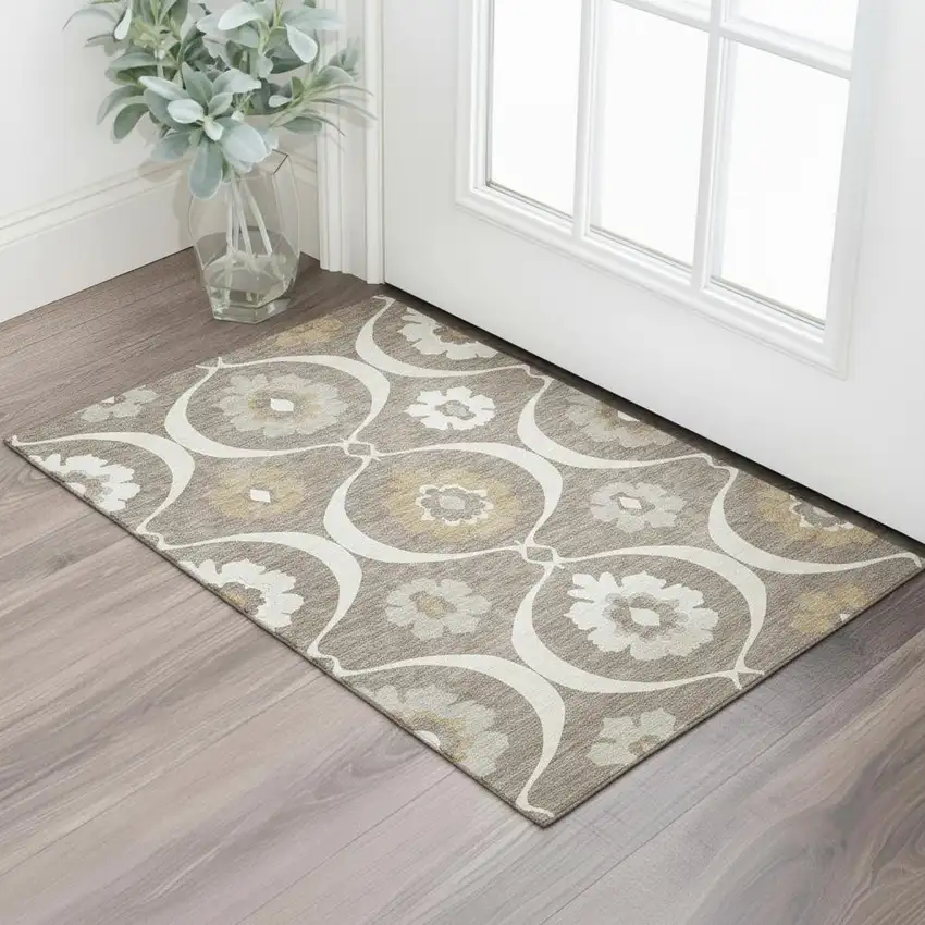 Brown Beige And Ivory Medallion Washable Area Rug With UV Protection Photo 1