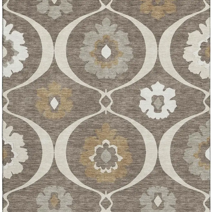 Brown Beige And Ivory Medallion Washable Area Rug With UV Protection Photo 4