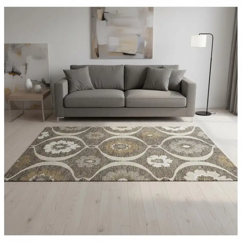 Brown Beige And Ivory Medallion Washable Area Rug With UV Protection Photo 2