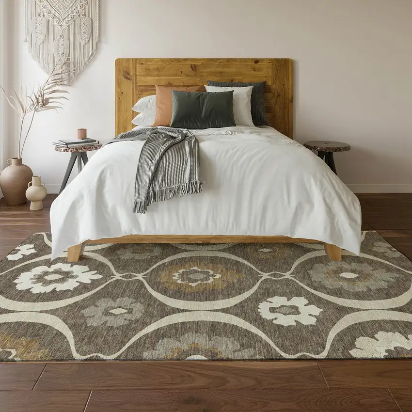 Brown Beige And Ivory Medallion Washable Area Rug With UV Protection Photo 6