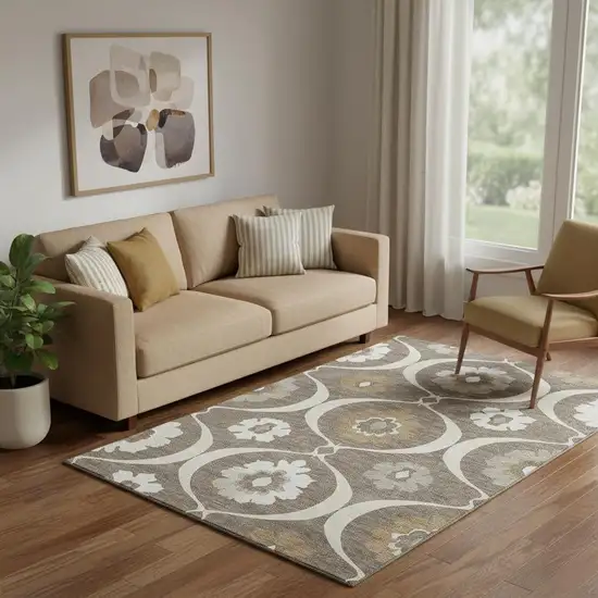 Brown Beige And Ivory Medallion Washable Area Rug With UV Protection Photo 1