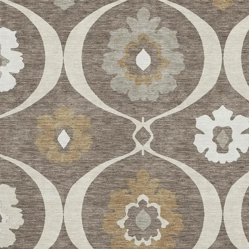 Brown Beige And Ivory Medallion Washable Area Rug With UV Protection Photo 3