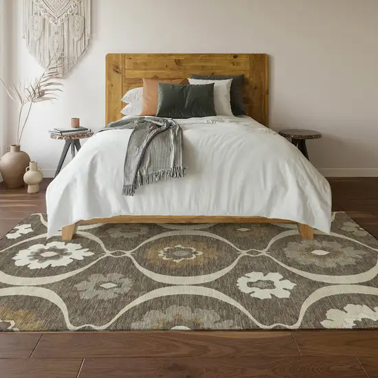 Brown Beige And Ivory Medallion Washable Area Rug With UV Protection Photo 6