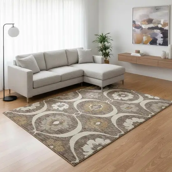 Brown Beige And Ivory Medallion Washable Area Rug With UV Protection Photo 2