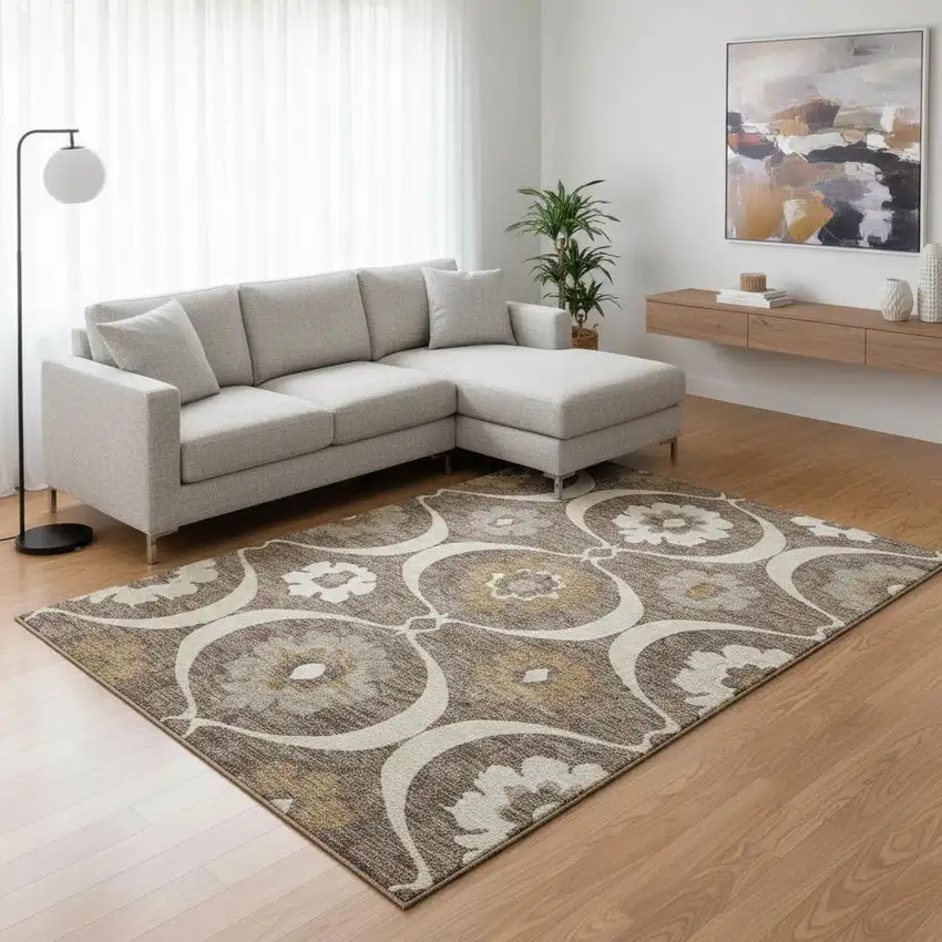 Brown Beige And Ivory Medallion Washable Area Rug With UV Protection Photo 2