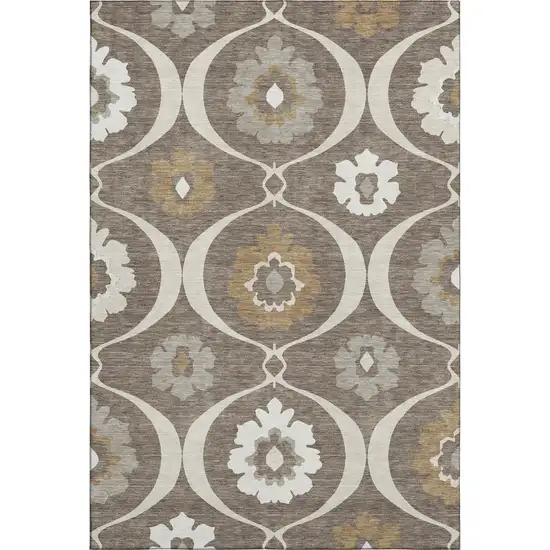 Brown Beige And Ivory Medallion Washable Area Rug With UV Protection Photo 1