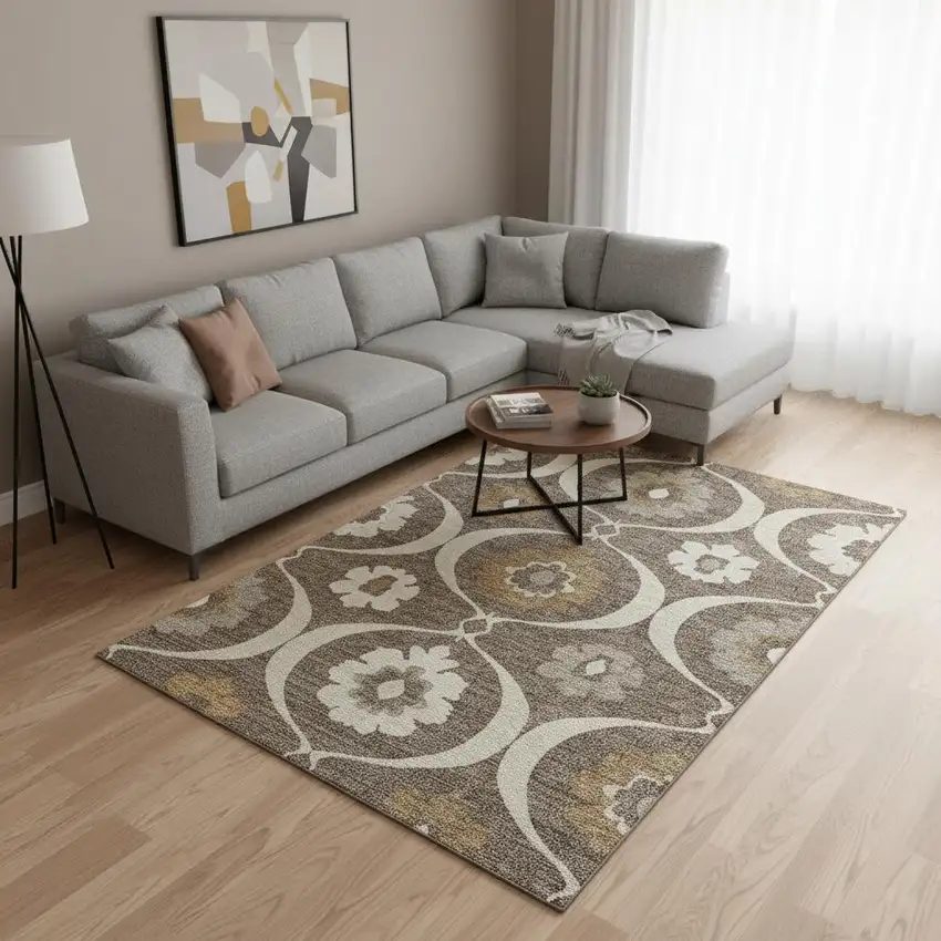 Brown Beige And Ivory Medallion Washable Area Rug With UV Protection Photo 2