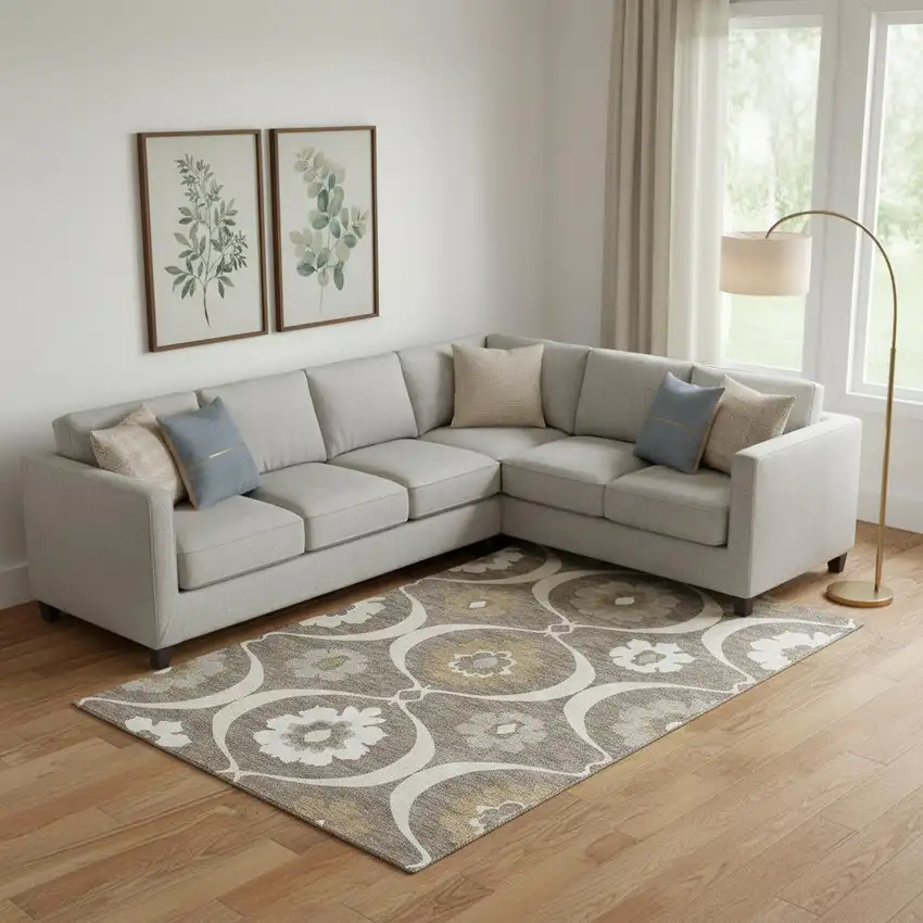 Brown Beige And Ivory Medallion Washable Area Rug With UV Protection Photo 1