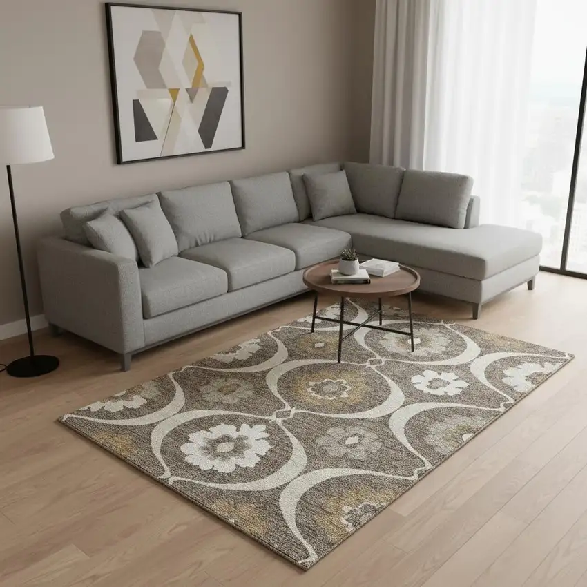 Brown Beige And Ivory Medallion Washable Area Rug With UV Protection Photo 2