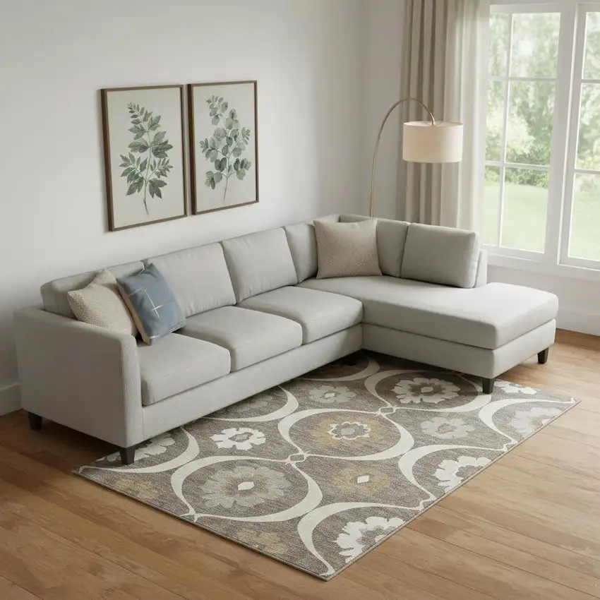 Brown Beige And Ivory Medallion Washable Area Rug With UV Protection Photo 1