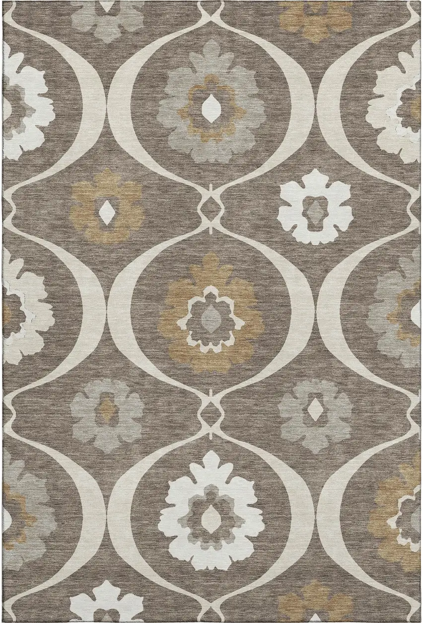 Brown Beige And Ivory Medallion Washable Area Rug With UV Protection Photo 1