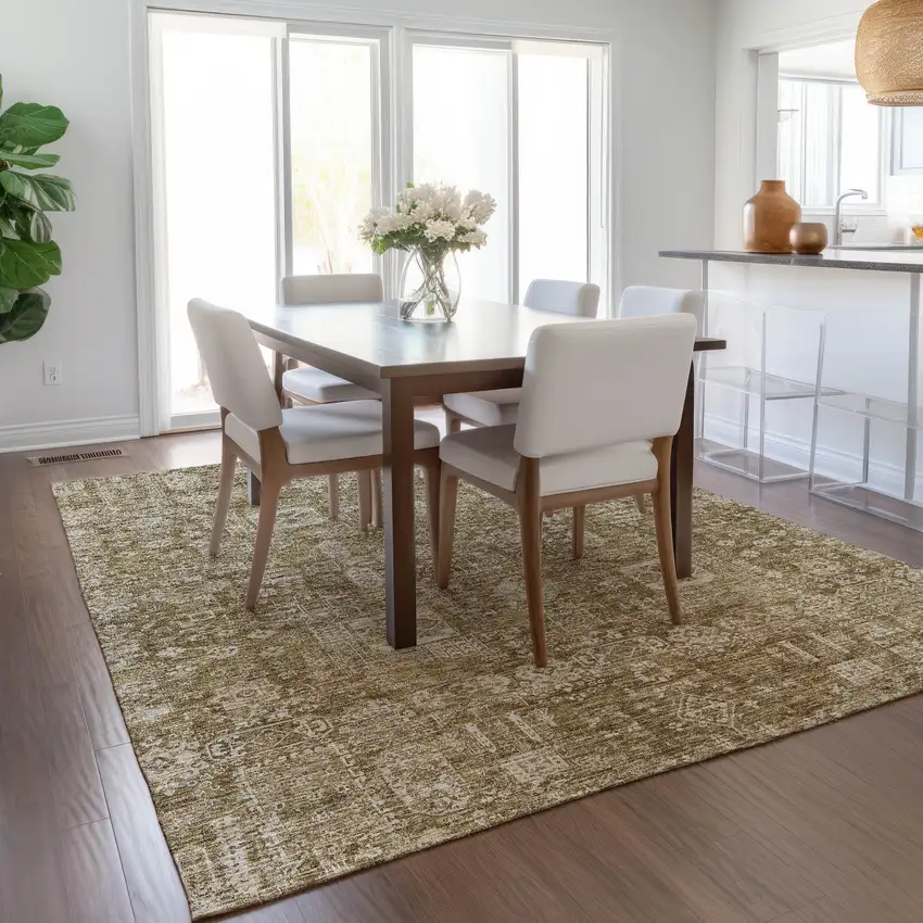 Brown Beige And Ivory Oriental Washable Indoor Outdoor Area Rug Photo 9