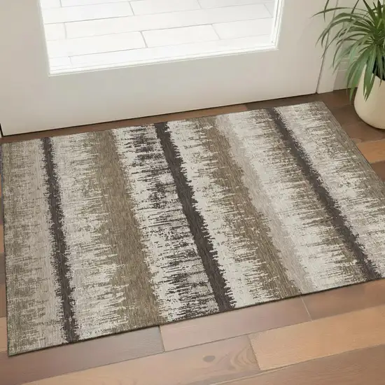 Brown Beige And Ivory Striped Washable Area Rug With UV Protection Photo 1