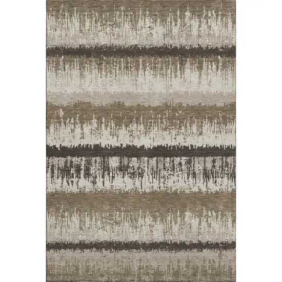 Brown Beige And Ivory Striped Washable Area Rug With UV Protection Photo 3