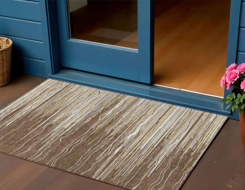 Brown Beige And Ivory Striped Washable Indoor Outdoor Area Rug Photo 1