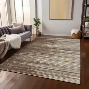 Photo of Brown Beige And Ivory Striped Washable Indoor Outdoor Area Rug