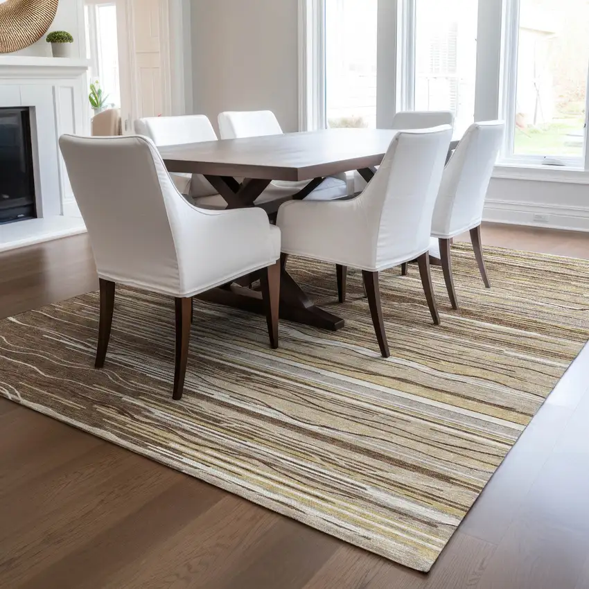 Brown Beige And Ivory Striped Washable Indoor Outdoor Area Rug Photo 9